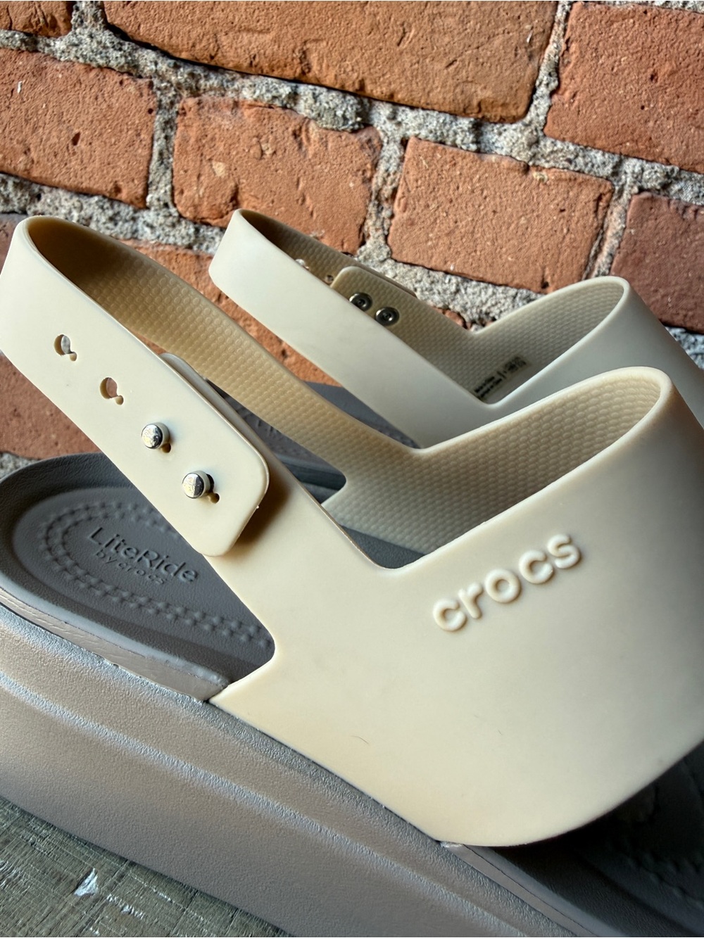 Women's Tan Cream Beige Platform Crocs Strap Sandals - Picture 6 of 7